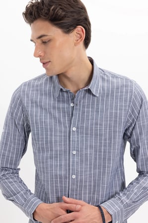 Erkek Slim Fit Dar Kesim Uzun Kollu %100 Pamuk Keten Doku Çizgili Gömlek