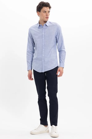 Erkek Slim Fit Dar Kesim Uzun Kollu %100 Pamuk Keten Doku Çizgili Gömlek