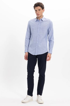 Erkek Slim Fit Dar Kesim Uzun Kollu %100 Pamuk Keten Doku Çizgili Gömlek
