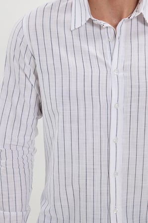 Erkek Slim Fit Dar Kesim Uzun Kollu %100 Pamuk Keten Doku Çizgili Gömlek