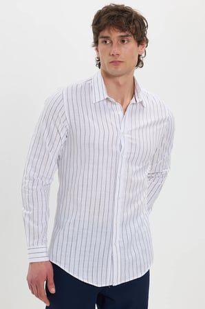 Erkek Slim Fit Dar Kesim Uzun Kollu %100 Pamuk Keten Doku Çizgili Gömlek