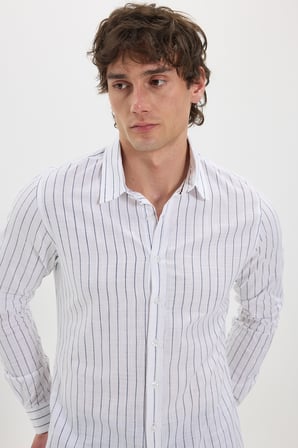 Erkek Slim Fit Dar Kesim Uzun Kollu %100 Pamuk Keten Doku Çizgili Gömlek