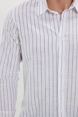 Erkek Slim Fit Dar Kesim Uzun Kollu %100 Pamuk Keten Doku Çizgili Gömlek