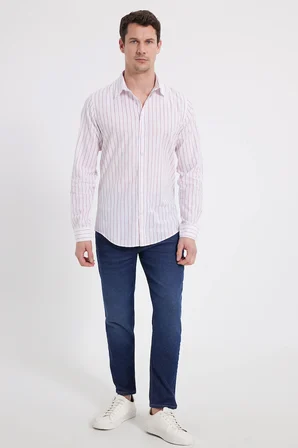 Erkek Slim Fit Dar Kesim Uzun Kollu %100 Pamuk Keten Doku Çizgili Gömlek