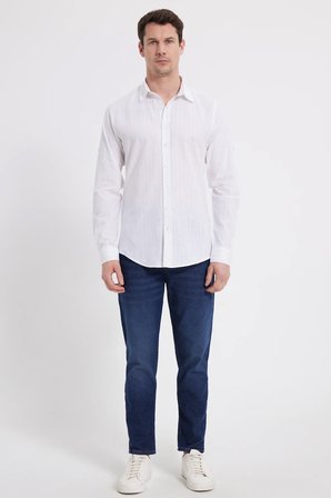 Erkek Slim Fit Dar Kesim Uzun Kollu %100 Pamuk Keten Doku Çizgili Gömlek