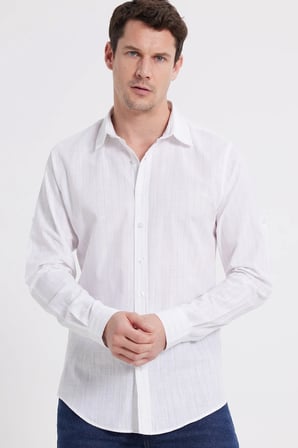 Erkek Slim Fit Dar Kesim Uzun Kollu %100 Pamuk Keten Doku Çizgili Gömlek