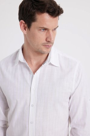 Erkek Slim Fit Dar Kesim Uzun Kollu %100 Pamuk Keten Doku Çizgili Gömlek