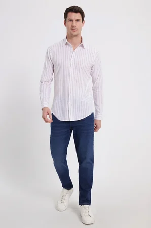 Erkek Slim Fit Dar Kesim Uzun Kollu %100 Pamuk Keten Doku Çizgili Gömlek