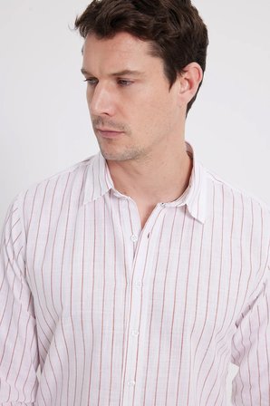 Erkek Slim Fit Dar Kesim Uzun Kollu %100 Pamuk Keten Doku Çizgili Gömlek
