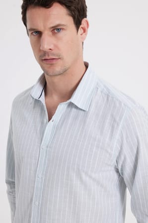 Erkek Slim Fit Dar Kesim Uzun Kollu %100 Pamuk Keten Doku Çizgili Gömlek