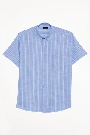 Erkek Regular Fit Klasik Kesim Oversize %100 Pamuk Keten Doku Tek Cepli Çizgili Kısa Kollu Mavi Gömlek
