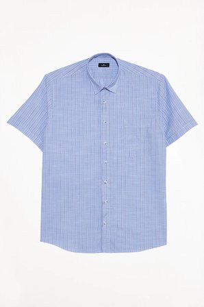 Erkek Regular Fit Klasik Kesim Oversize %100 Pamuk Keten Doku Tek Cepli Çizgili Kısa Kollu Mavi Gömlek