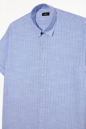 Erkek Regular Fit Klasik Kesim Oversize %100 Pamuk Keten Doku Tek Cepli Çizgili Kısa Kollu Mavi Gömlek