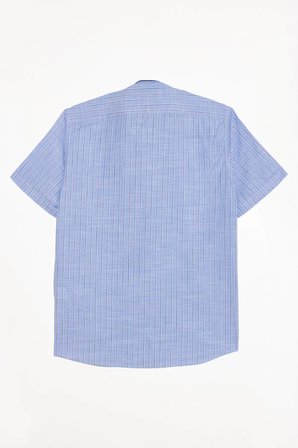 Erkek Regular Fit Klasik Kesim Oversize %100 Pamuk Keten Doku Tek Cepli Çizgili Kısa Kollu Mavi Gömlek