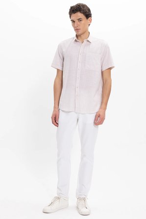 Erkek Regular Fit Klasik Kesim Oversize %100 Pamuk Keten Doku Tek Cepli Çizgili Kısa Kollu Bej Gömlek