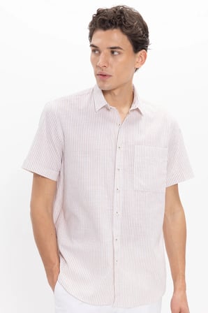 Erkek Regular Fit Klasik Kesim Oversize %100 Pamuk Keten Doku Tek Cepli Çizgili Kısa Kollu Bej Gömlek