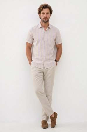 Erkek Regular Fit Klasik Kesim Oversize %100 Pamuk Keten Doku Tek Cepli Çizgili Kısa Kollu Bej Gömlek