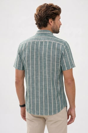 Erkek Regular Fit Klasik Kesim Oversize %100 Pamuk Tek Cepli Çizgili Kısa Kollu Koyu Yeşil Gömlek