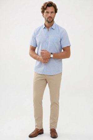 Erkek Regular Fit Klasik Kesim Oversize %100 Pamuk Keten Doku Tek Cepli Çizgili Kısa Kollu Mavi Gömlek