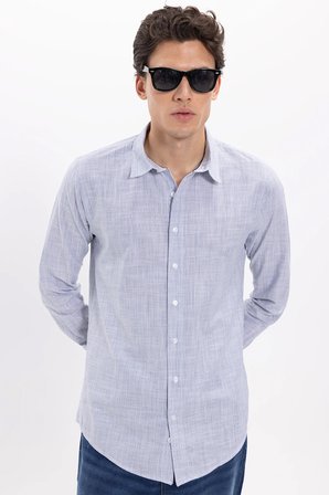 Erkek Slim Fit Dar Kesim %100 Pamuk Çizgili Uzun Kollu Keten Efektli Mavi Gömlek