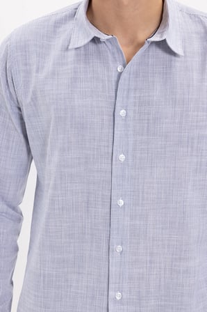 Erkek Slim Fit Dar Kesim %100 Pamuk Çizgili Uzun Kollu Keten Efektli Mavi Gömlek