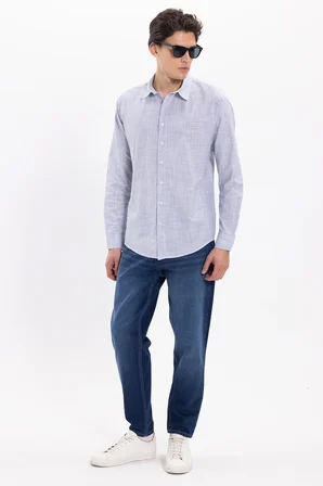 Erkek Slim Fit Dar Kesim %100 Pamuk Çizgili Uzun Kollu Keten Efektli Mavi Gömlek