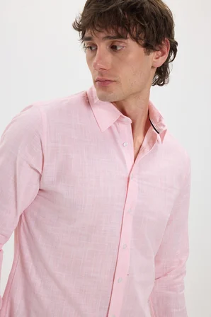 Erkek Slim Fit Dar Kesim %100 Pamuk Çizgili Uzun Kollu Keten Efektli Mercan Rengi Gömlek