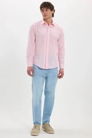 Erkek Slim Fit Dar Kesim %100 Pamuk Çizgili Uzun Kollu Keten Efektli Mercan Rengi Gömlek