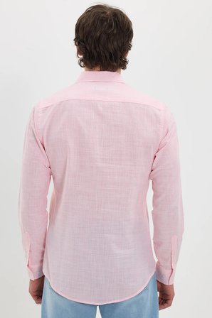 Erkek Slim Fit Dar Kesim %100 Pamuk Çizgili Uzun Kollu Keten Efektli Mercan Rengi Gömlek