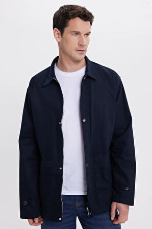 Erkek Relax Fit Rahat Kesim %100 Pamuk Çift Cepli Fermuarlı Lacivert Mont Gömlek