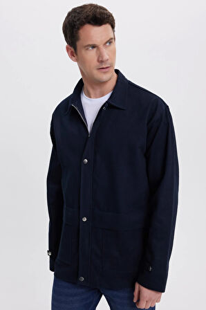 Erkek Relax Fit Rahat Kesim %100 Pamuk Çift Cepli Fermuarlı Lacivert Mont Gömlek