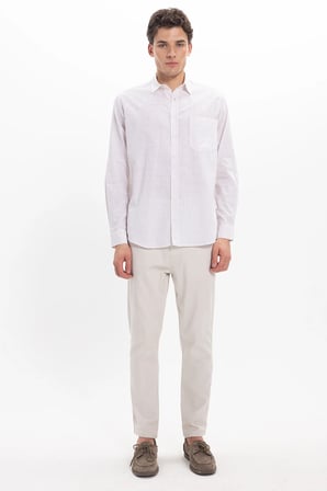 Erkek Regular Fit Klasik Kesim Oversize Uzun Kollu %100 Pamuk Keten Doku Tek Cepli Çizgili Bej Gömlek