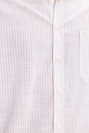 Erkek Regular Fit Klasik Kesim Oversize Uzun Kollu %100 Pamuk Keten Doku Tek Cepli Çizgili Bej Gömlek