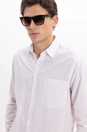 Erkek Regular Fit Klasik Kesim Oversize Uzun Kollu %100 Pamuk Keten Doku Tek Cepli Çizgili Bej Gömlek