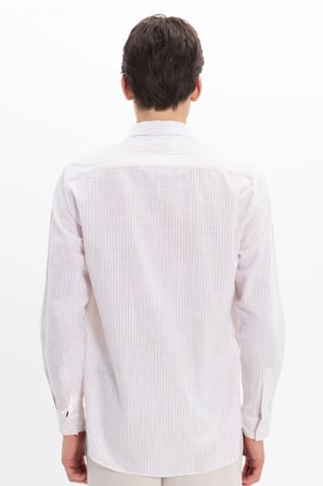 Erkek Regular Fit Klasik Kesim Oversize Uzun Kollu %100 Pamuk Keten Doku Tek Cepli Çizgili Bej Gömlek