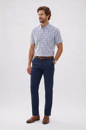  Erkek Regular Fit Klasik Kesim %100 Pamuk Kısa Kollu Kareli Keten Efektli Cepli Mavi Gömlek