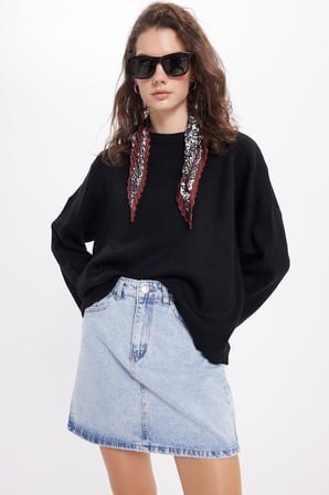 Kadın Oversize Geniş Kesim Bisiklet Yaka Siyah Kazak