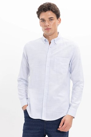 Erkek Slim Fit Dar Kesim %100 Pamuk Düğmeli Yaka Çizgili Uzun Kollu Cepli Keten Efektli Mavi Gömlek