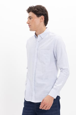Erkek Slim Fit Dar Kesim %100 Pamuk Düğmeli Yaka Çizgili Uzun Kollu Cepli Keten Efektli Mavi Gömlek
