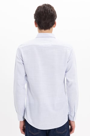 Erkek Slim Fit Dar Kesim %100 Pamuk Düğmeli Yaka Çizgili Uzun Kollu Cepli Keten Efektli Mavi Gömlek