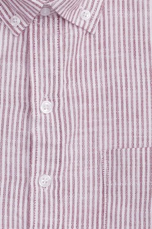 Erkek Slim Fit Dar Kesim %100 Pamuk Düğmeli Yaka Çizgili Uzun Kollu Cepli Keten Efektli Bordo Gömlek