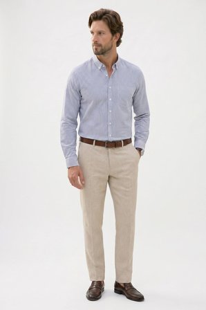 Erkek Slim Fit Dar Kesim %100 Pamuk Düğmeli Yaka Çizgili Uzun Kollu Cepli Keten Lacivert Gömlek