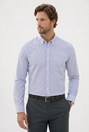Erkek Slim Fit Dar Kesim %100 Pamuk Düğmeli Yaka Çizgili Uzun Kollu Cepli Keten Efektli Lacivert Gömlek