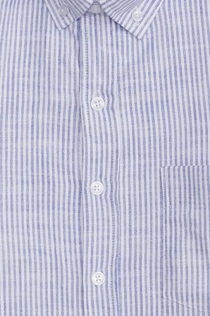 Erkek Slim Fit Dar Kesim %100 Pamuk Düğmeli Yaka Çizgili Uzun Kollu Cepli Keten Efektli Lacivert Gömlek