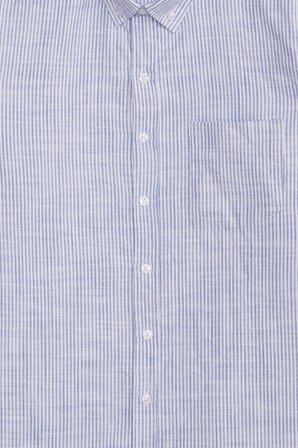 Erkek Slim Fit Dar Kesim %100 Pamuk Düğmeli Yaka Çizgili Uzun Kollu Cepli Keten Efektli Lacivert Gömlek