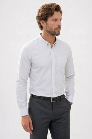 Erkek Slim Fit Dar Kesim %100 Pamuk Düğmeli Yaka Çizgili Uzun Kollu Cepli Keten Efektli Gömlek