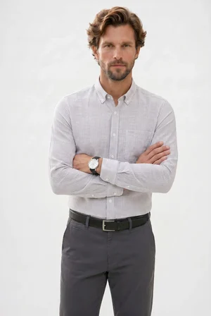 Erkek Slim Fit Dar Kesim %100 Pamuk Düğmeli Yaka Çizgili Uzun Kollu Cepli Keten Efektli Haki Gömlek