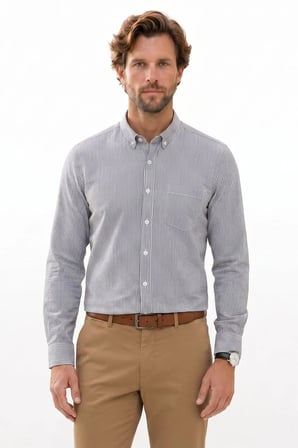Erkek Slim Fit Dar Kesim %100 Pamuk Düğmeli Yaka Çizgili Uzun Kollu Cepli Keten Siyah-Beyaz Gömlek