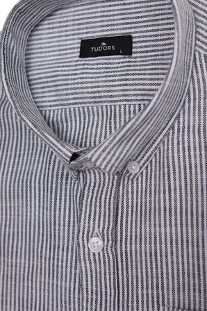 Erkek Slim Fit Dar Kesim %100 Pamuk Düğmeli Yaka Çizgili Uzun Kollu Cepli Keten Siyah-Beyaz Gömlek