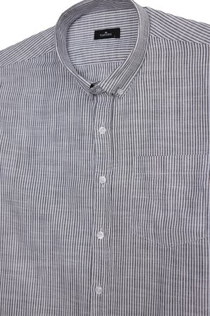 Erkek Slim Fit Dar Kesim %100 Pamuk Düğmeli Yaka Çizgili Uzun Kollu Cepli Keten Siyah-Beyaz Gömlek